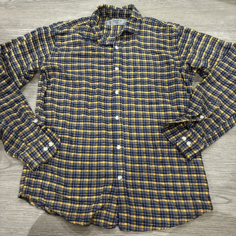 Truly Shirt Men's Long Sleeve Collared Blue Yellow Plaid Button Up Size Medium